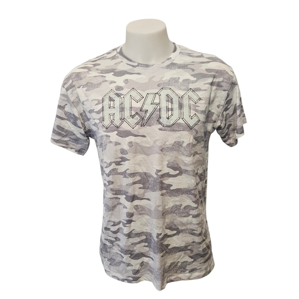 The Vinyl Icons ACDC Camouflage Graphic T-Shirt Size M Gray Rocker Grunge Faded